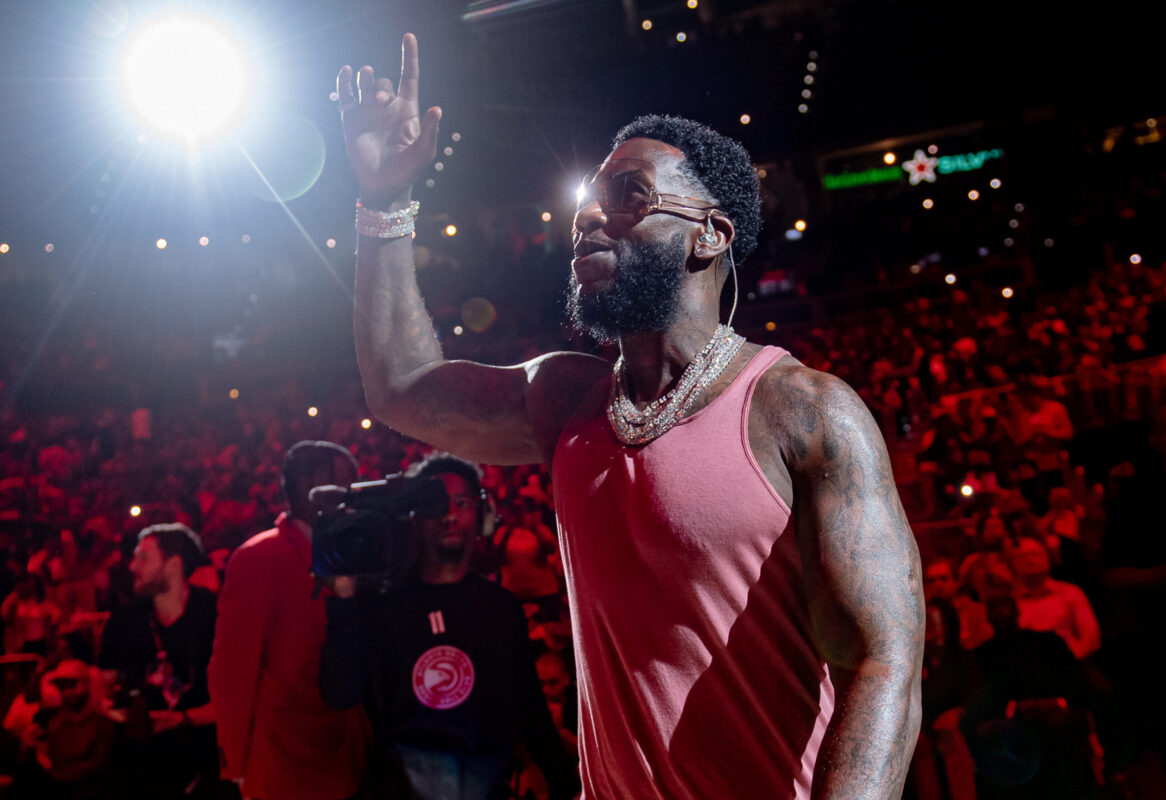 Photo courtesy of the Atlanta Hawks; Gucci Mane performed during the halftime show at the award win State Farm Arena for the season opener of Hawks vs Nets.