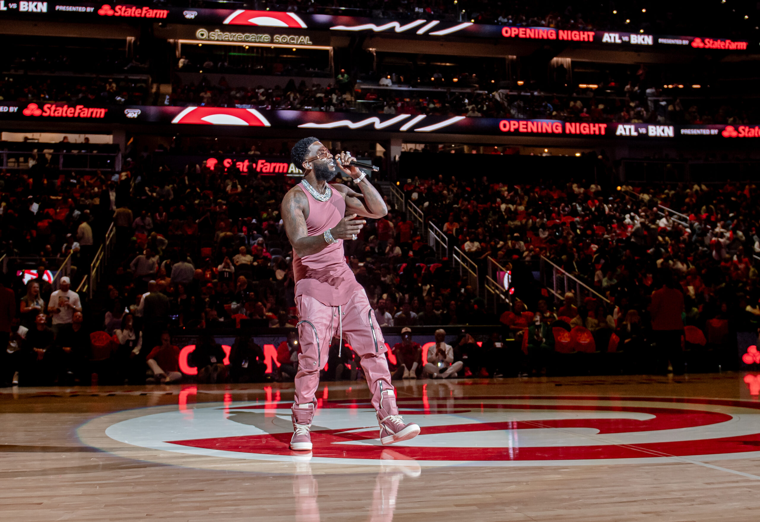 Photo courtesy of the Atlanta Hawks; Gucci Mane performed during the halftime show at the award winning State Farm Arena for the season opener of Hawks vs Nets.