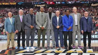 Naismith Basketball Hall of Fame Class Of 2024 inductees John Doleva, left, Jerry Colangelo, Chauncey Billups, Vince Carter, Michael Cooper, Bo Ryan, Charles Smith, Doug Collins and Herb Simon at State Farm Stadium on April 6, 2024. Getty images