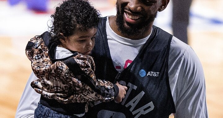 Embiid with his son at the NBA All-Star Game in 2022, during the 2022 NBA All-Star Weekend at the Rocket Mortgage FieldHouse in Cleveland Erik Drost • CC BY 2.0